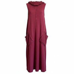 Inizio Cowl Neck Sleeveless Midi Dress Burgundy Cotton Blend Pockets Lagenlook